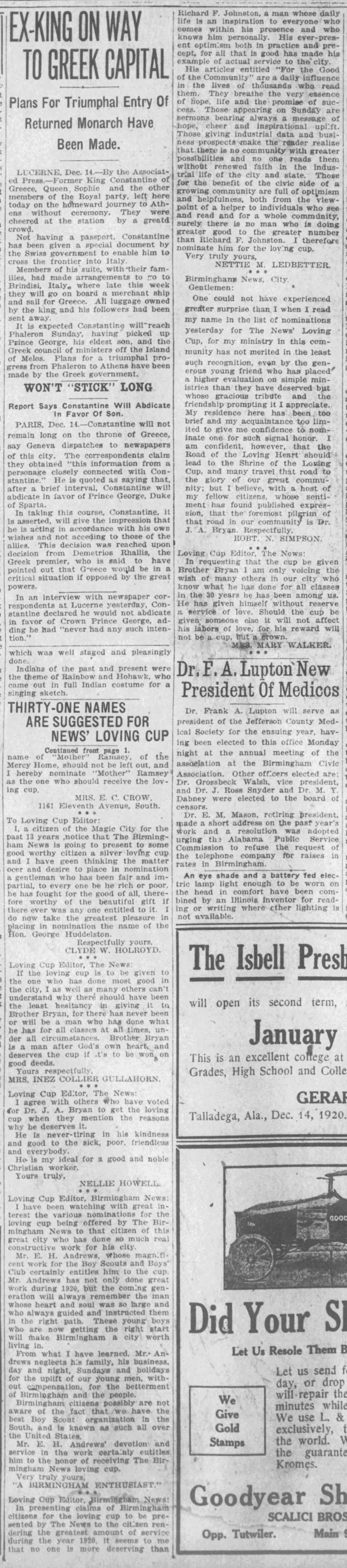Thirty-One Names Are Suggested for News' Loving Cup (continued)